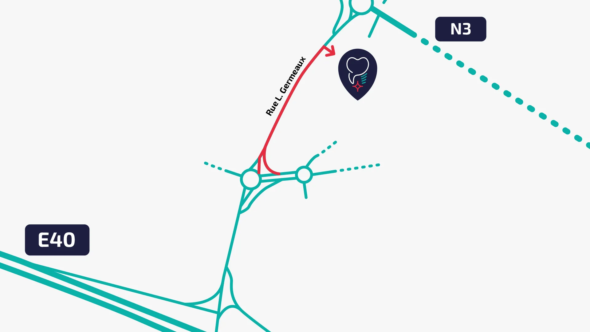 Entrée de la Clinique de chirurgie dentaire Les 8 à Hognoul, plan d'accès par la rue Germeaux